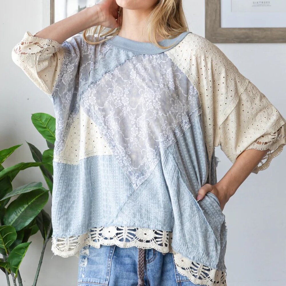 Oli & Hali Washed Mix Media Casual Top New Size Large - Picture 3 of 6
